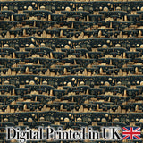 Night City Skyline Illustration Gold Detail Seamless Pattern Art Digital Print Fabric by the Metre UK Sewing Quilting Textile