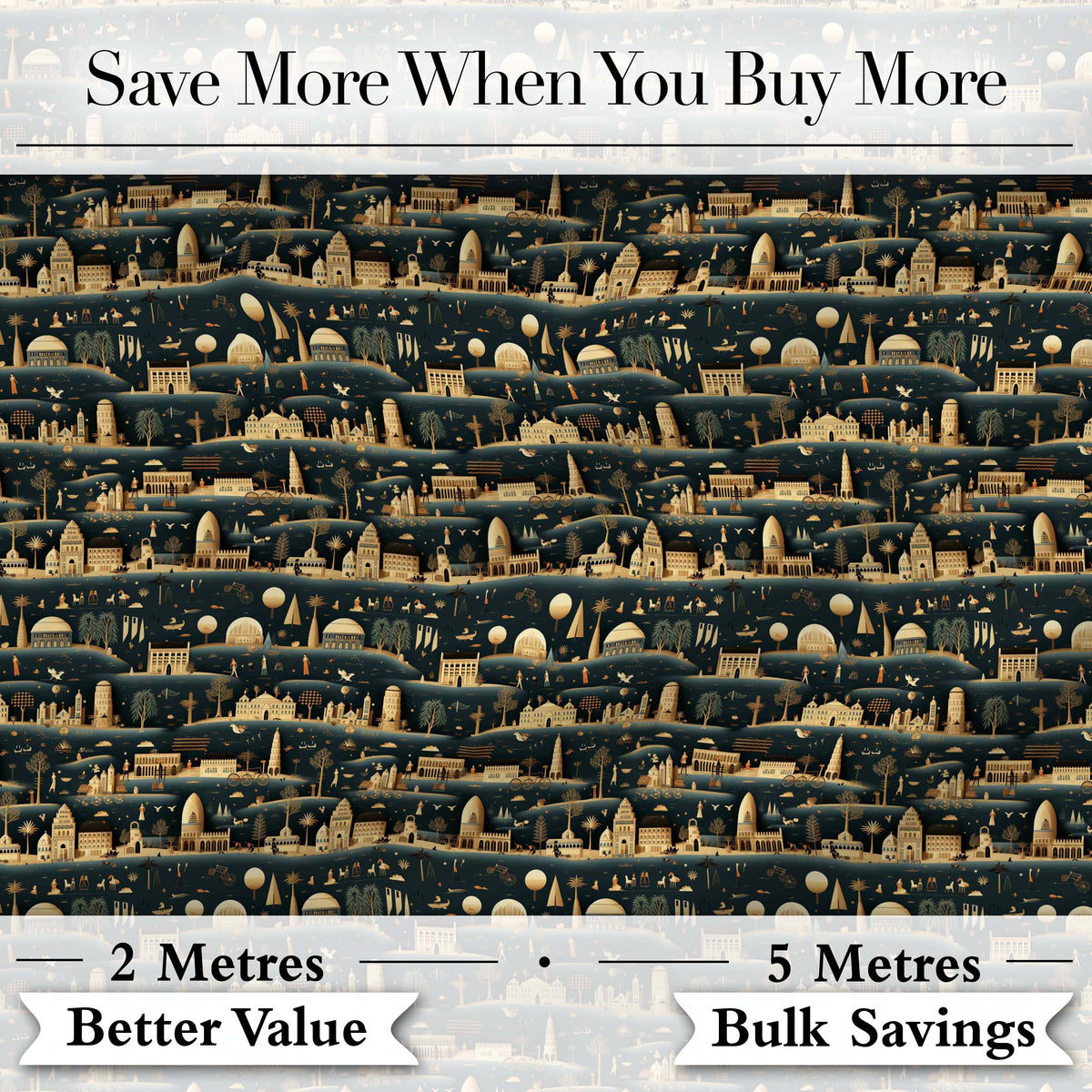 Night City Skyline Illustration Gold Detail Seamless Pattern Art Digital Print Fabric by the Metre UK Sewing Quilting Textile