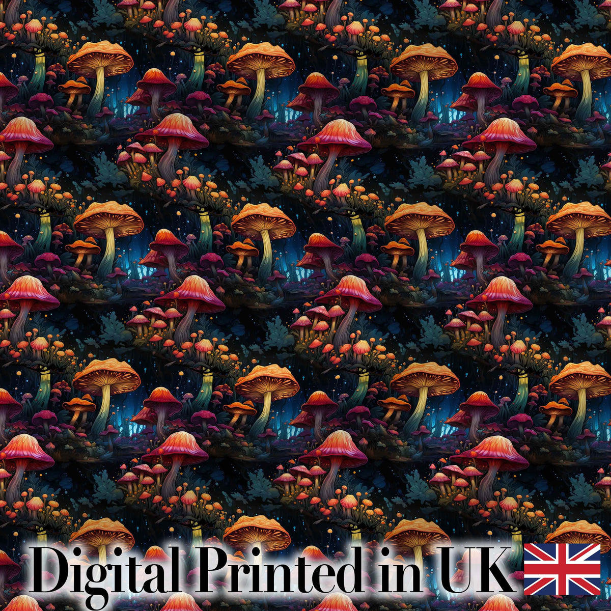 Glowing Fantasy Mushroom Forest Night Seamless Pattern Digital Print Fabric by the Metre UK Sewing Quilting Textile