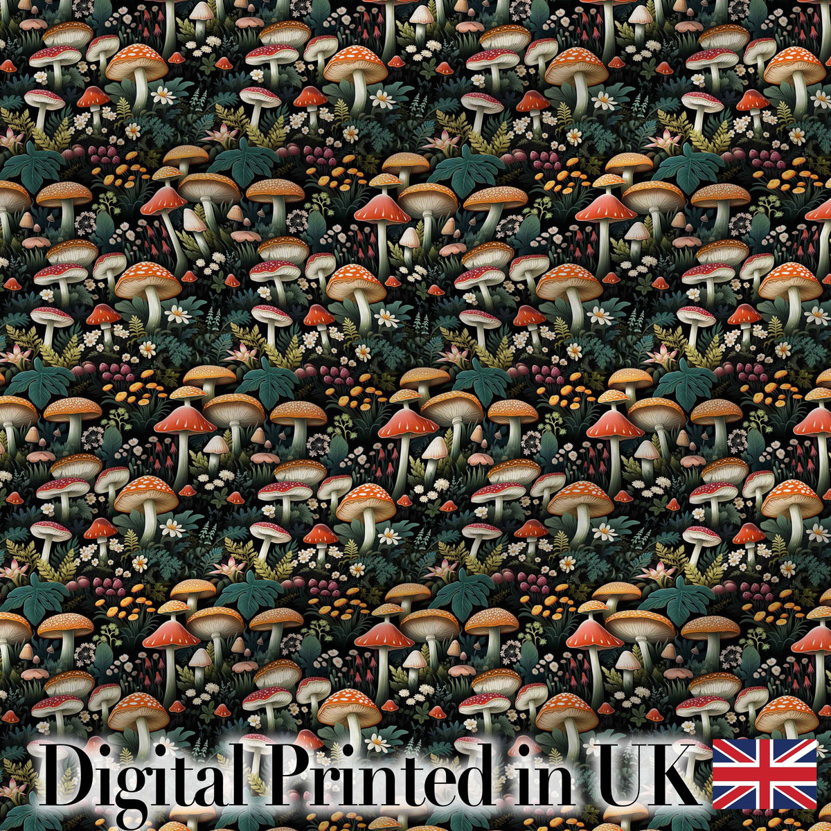 Detailed Woodland Mushrooms Plants Seamless Pattern Digital Print Fabric by the Metre UK Sewing Quilting Textile