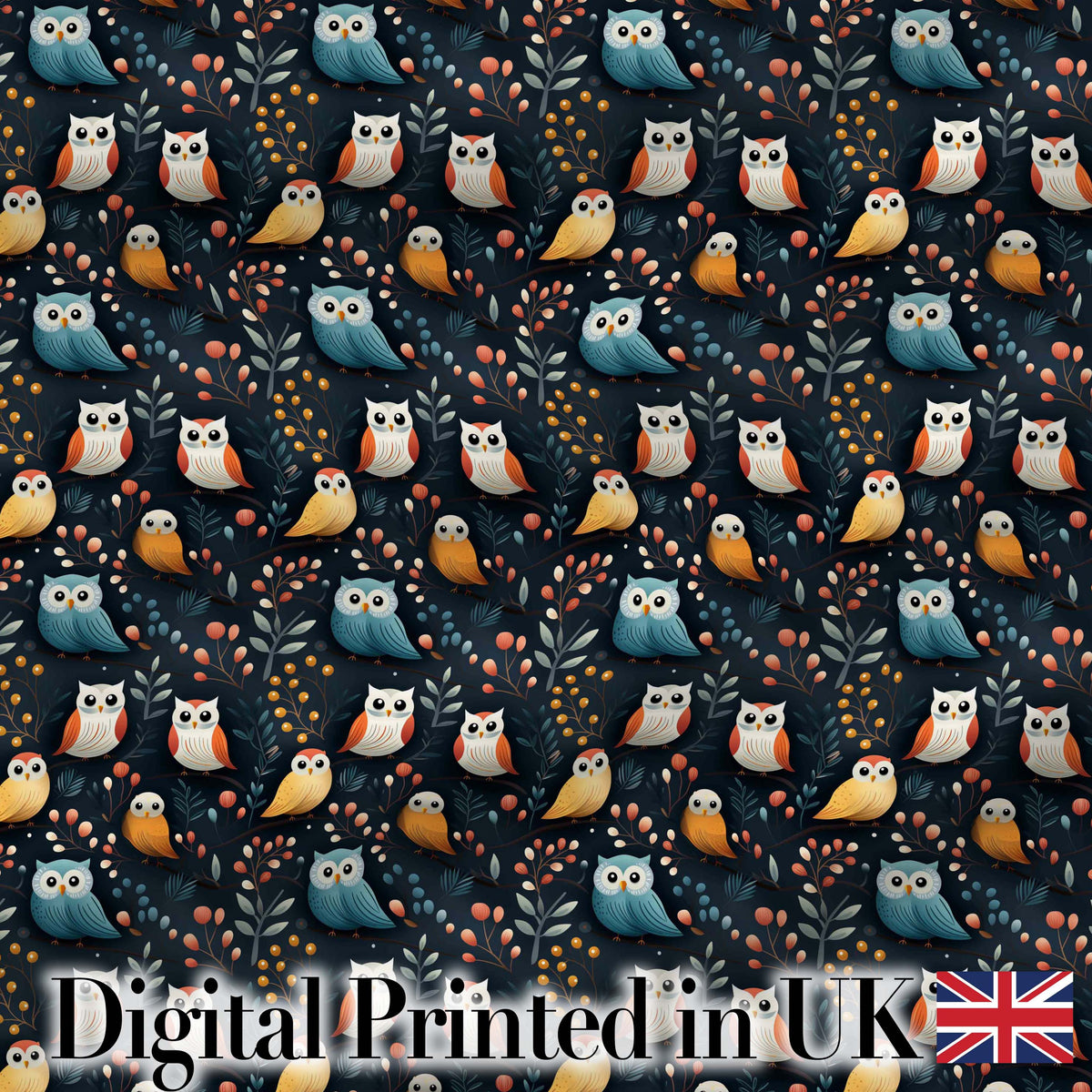 Cute Owl Birds Decorative Leaves Seamless Pattern Digital Print Fabric by the Metre UK Sewing Quilting Textile