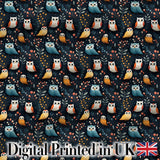 Cute Owl Birds Decorative Leaves Seamless Pattern Digital Print Fabric by the Metre UK Sewing Quilting Textile