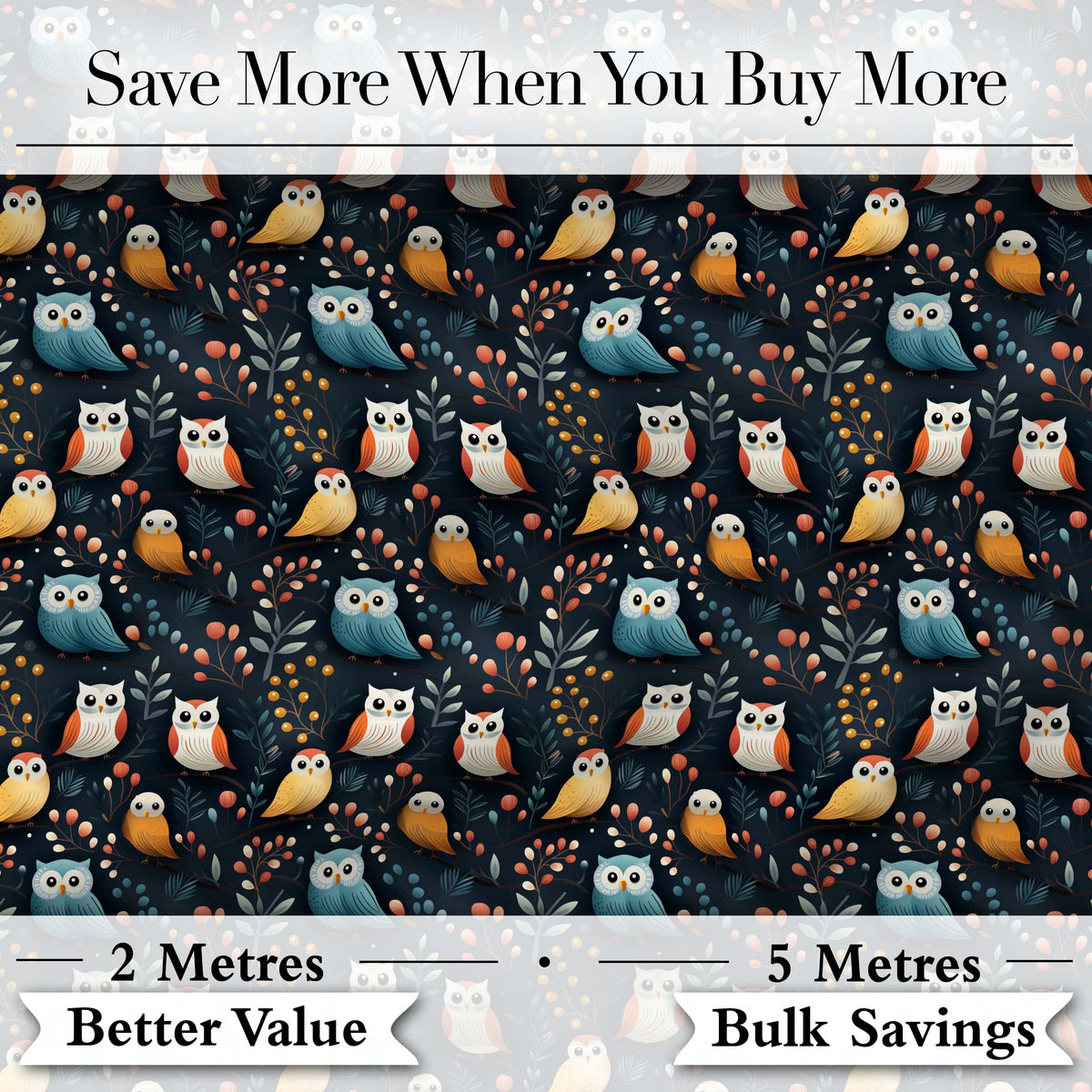Cute Owl Birds Decorative Leaves Seamless Pattern Digital Print Fabric by the Metre UK Sewing Quilting Textile