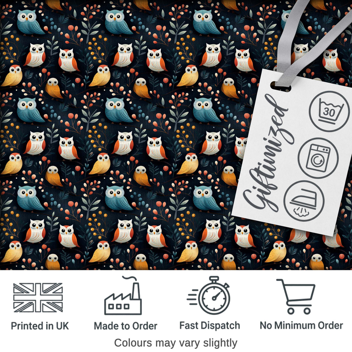 Cute Owl Birds Decorative Leaves Seamless Pattern Digital Print Fabric by the Metre UK Sewing Quilting Textile