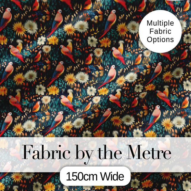 Colorful Parrot Birds Floral Jungle Seamless Pattern Digital Print Fabric by the Metre UK Sewing Quilting Textile