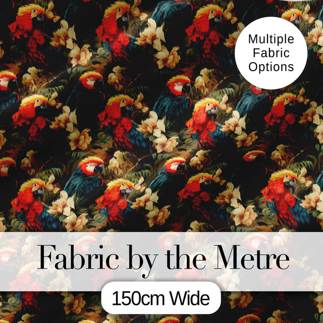 Tropical Macaw Parrot Birds Flowers Seamless Pattern Digital Print Fabric by the Metre UK Sewing Quilting Textile