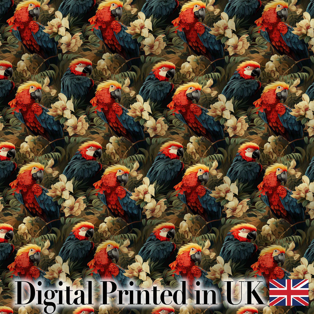 Tropical Macaw Parrot Birds Flowers Seamless Pattern Digital Print Fabric by the Metre UK Sewing Quilting Textile