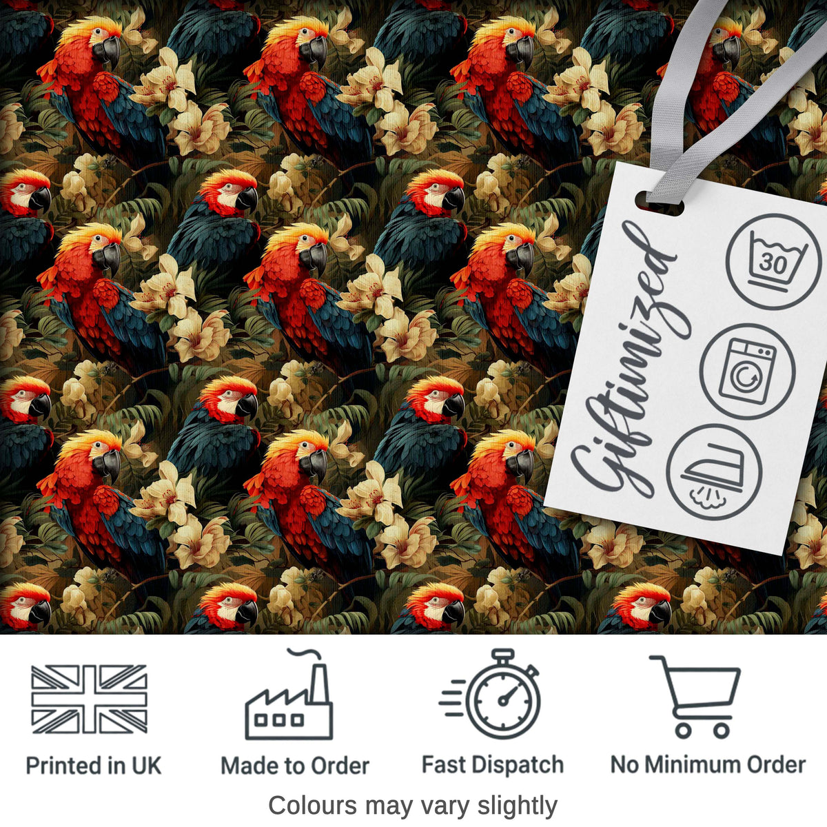 Tropical Macaw Parrot Birds Flowers Seamless Pattern Digital Print Fabric by the Metre UK Sewing Quilting Textile
