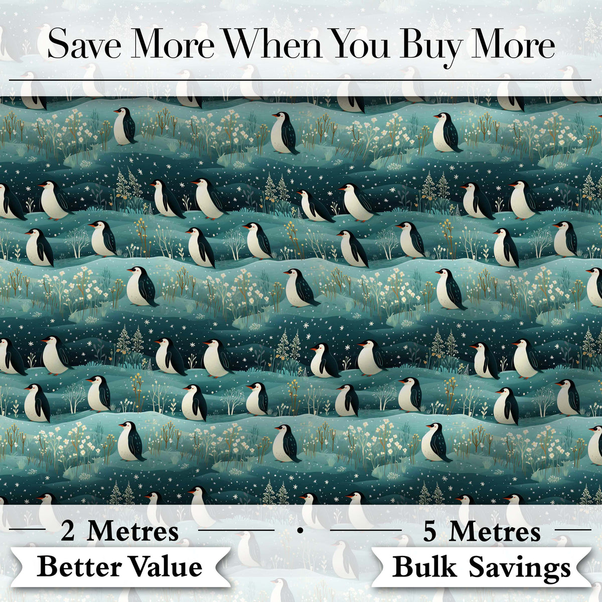 Penguin Birds Snowy Landscape Winter Seamless Pattern Digital Print Fabric by the Metre UK Sewing Quilting Textile