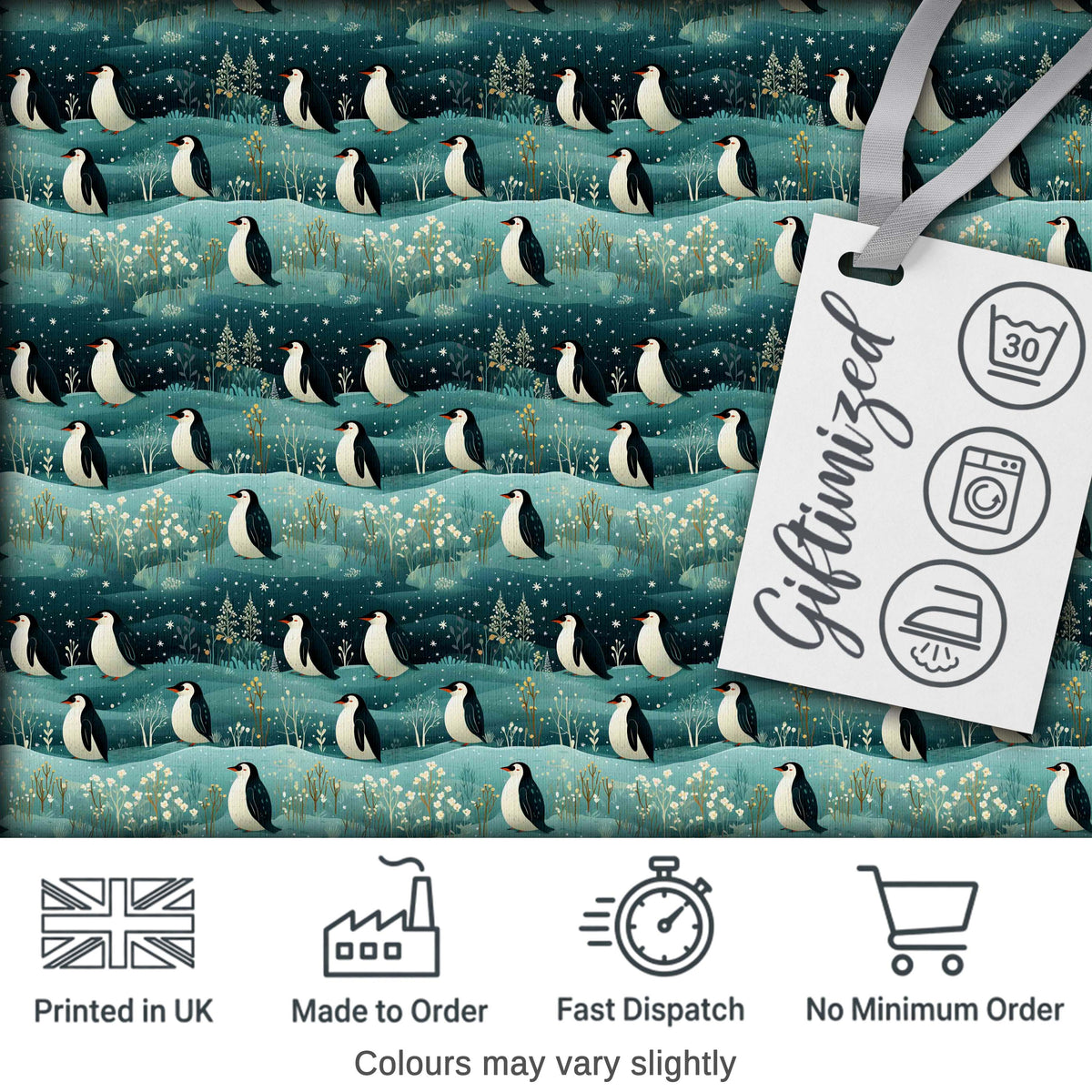 Penguin Birds Snowy Landscape Winter Seamless Pattern Digital Print Fabric by the Metre UK Sewing Quilting Textile