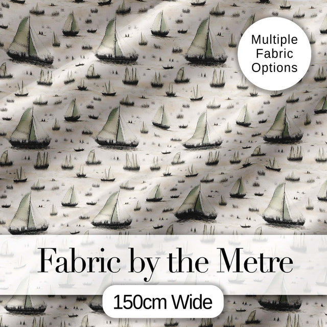 Vintage Sailing Boats Ocean Seamless Pattern Digital Print Fabric by the Metre UK Sewing Quilting Textile