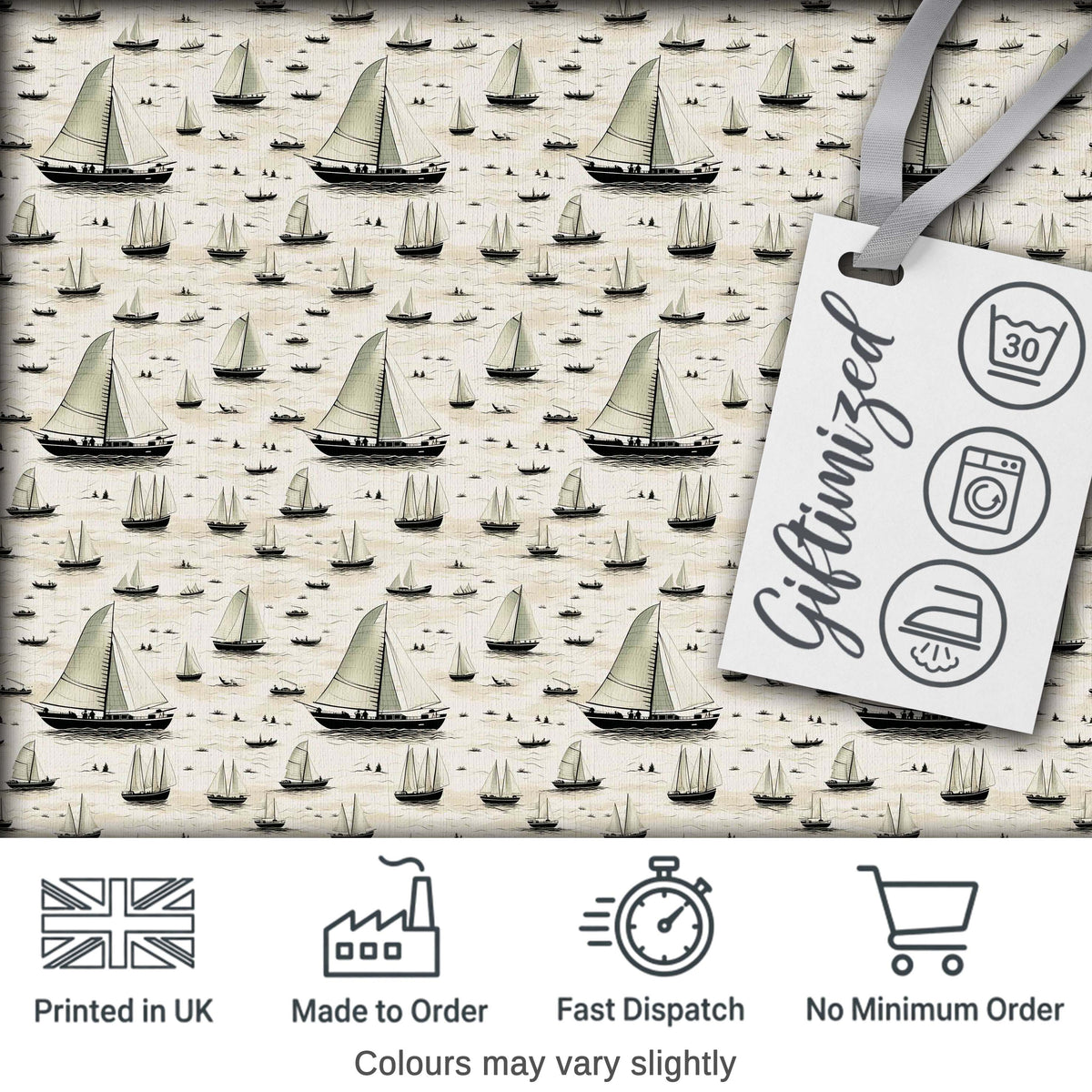 Vintage Sailing Boats Ocean Seamless Pattern Digital Print Fabric by the Metre UK Sewing Quilting Textile