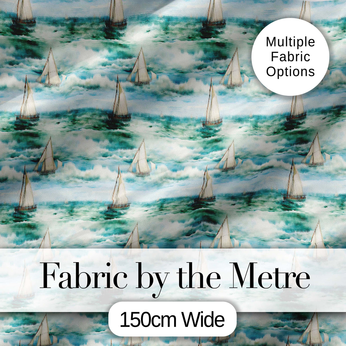 Vintage Sailing Boats Ocean Waves Seamless Pattern Digital Print Fabric by the Metre UK Sewing Quilting Textile