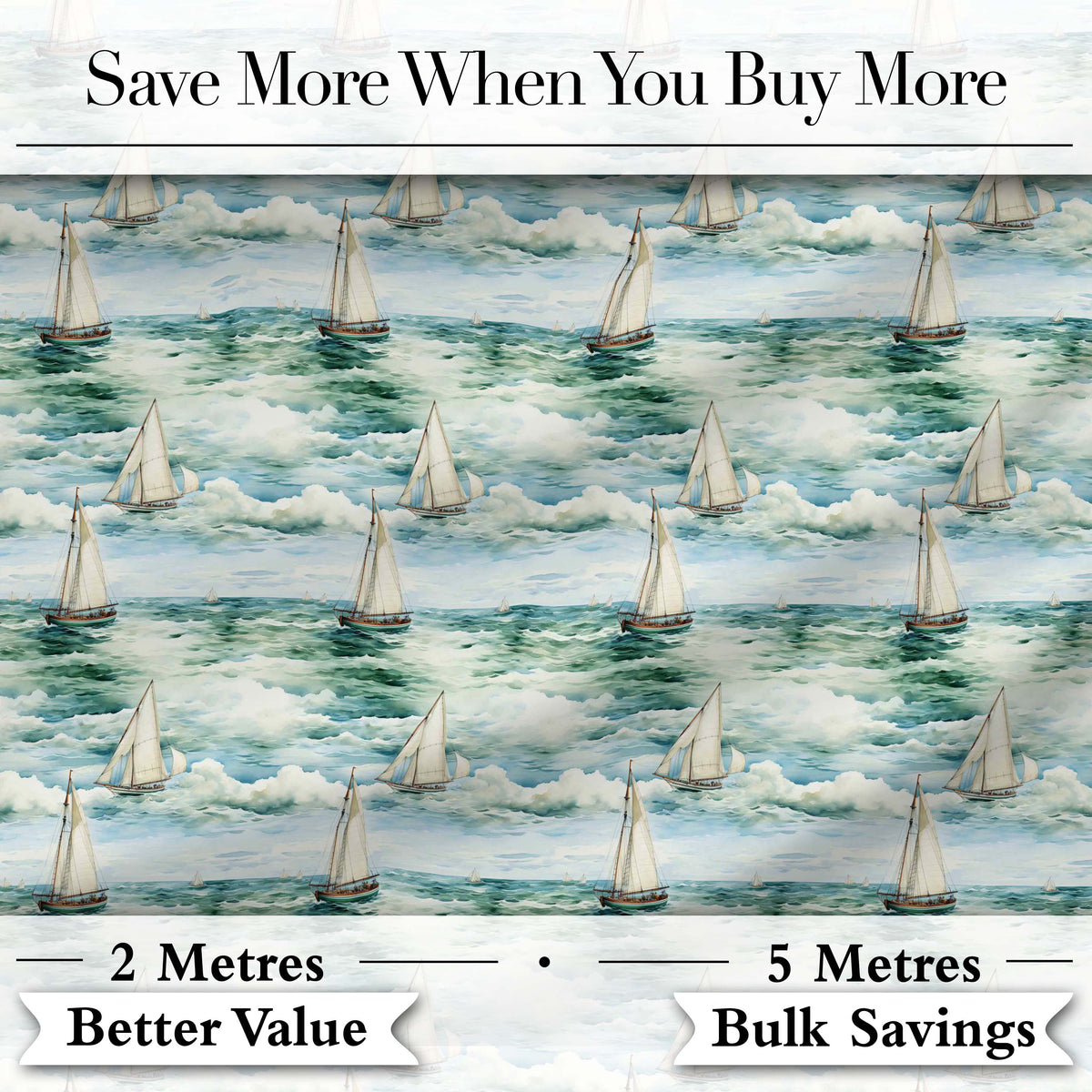 Vintage Sailing Boats Ocean Waves Seamless Pattern Digital Print Fabric by the Metre UK Sewing Quilting Textile