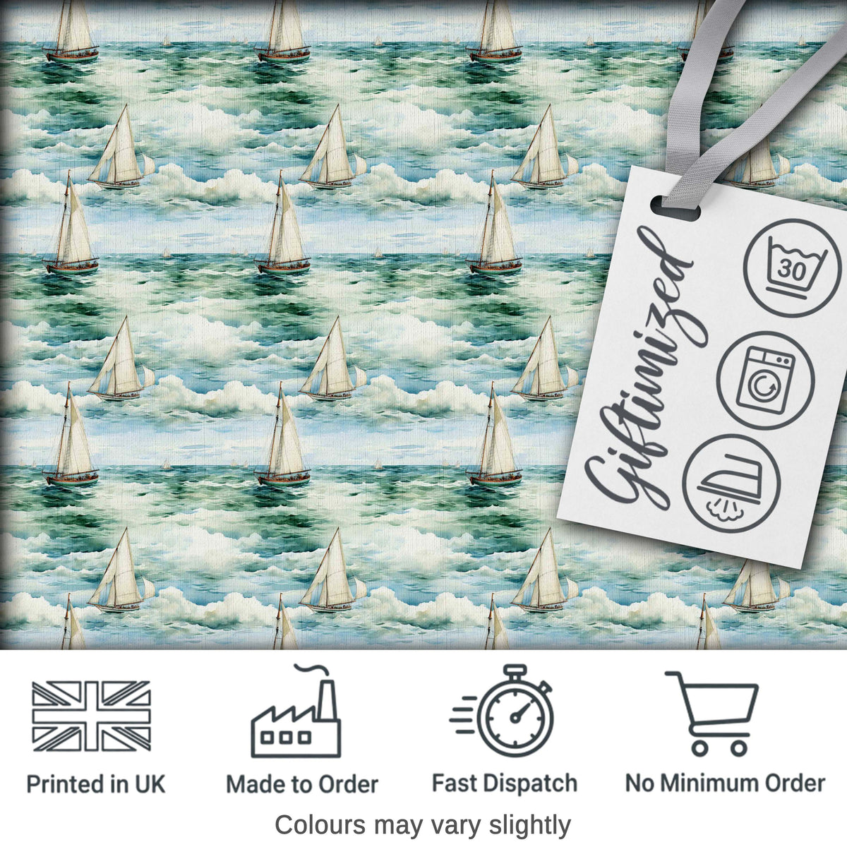 Vintage Sailing Boats Ocean Waves Seamless Pattern Digital Print Fabric by the Metre UK Sewing Quilting Textile