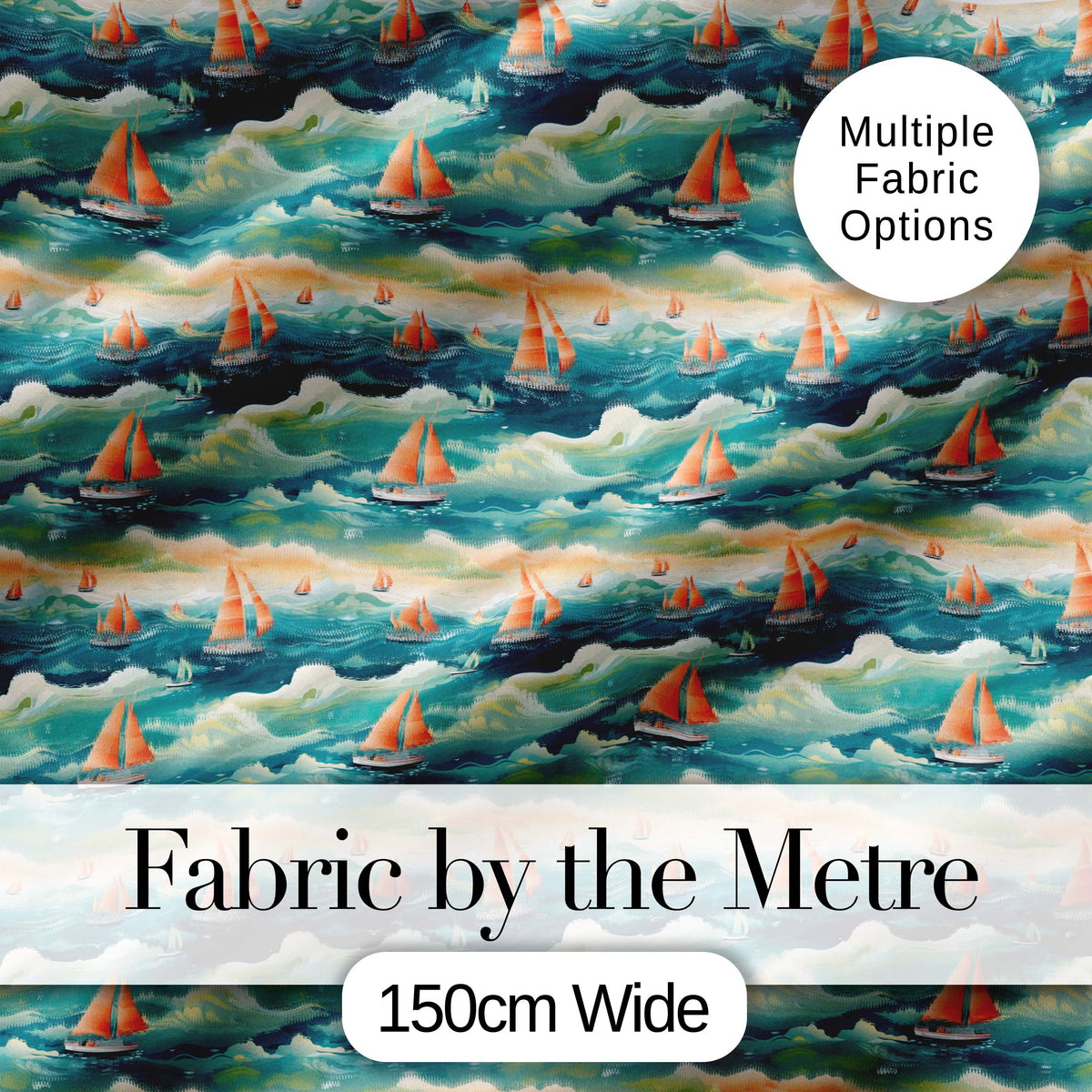 Orange Sailboats Ocean Waves Seamless Pattern Digital Print Fabric by the Metre UK Sewing Quilting Textile