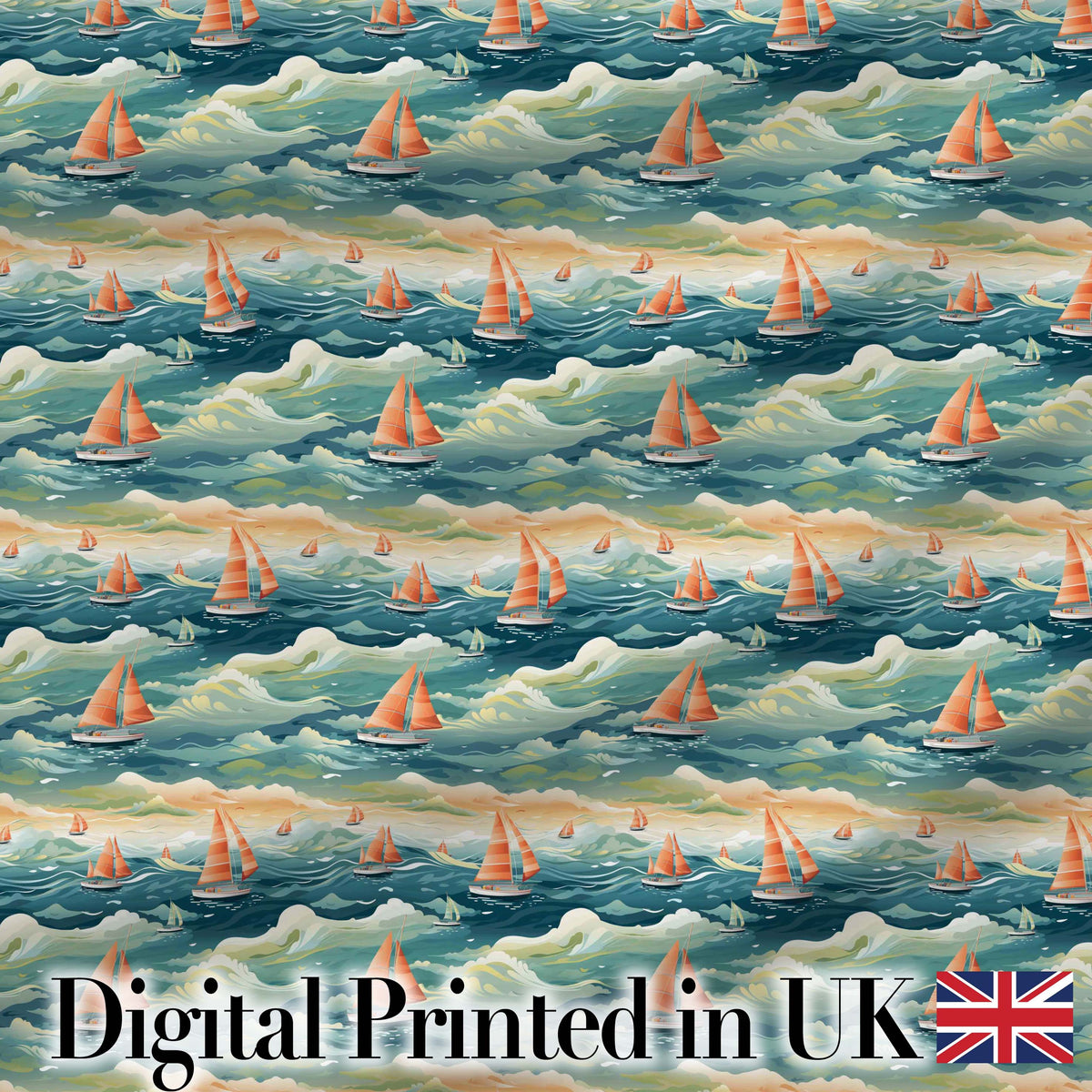 Orange Sailboats Ocean Waves Seamless Pattern Digital Print Fabric by the Metre UK Sewing Quilting Textile