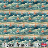 Orange Sailboats Ocean Waves Seamless Pattern Digital Print Fabric by the Metre UK Sewing Quilting Textile