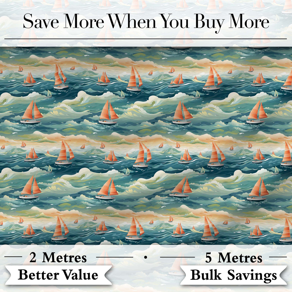 Orange Sailboats Ocean Waves Seamless Pattern Digital Print Fabric by the Metre UK Sewing Quilting Textile