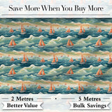 Orange Sailboats Ocean Waves Seamless Pattern Digital Print Fabric by the Metre UK Sewing Quilting Textile