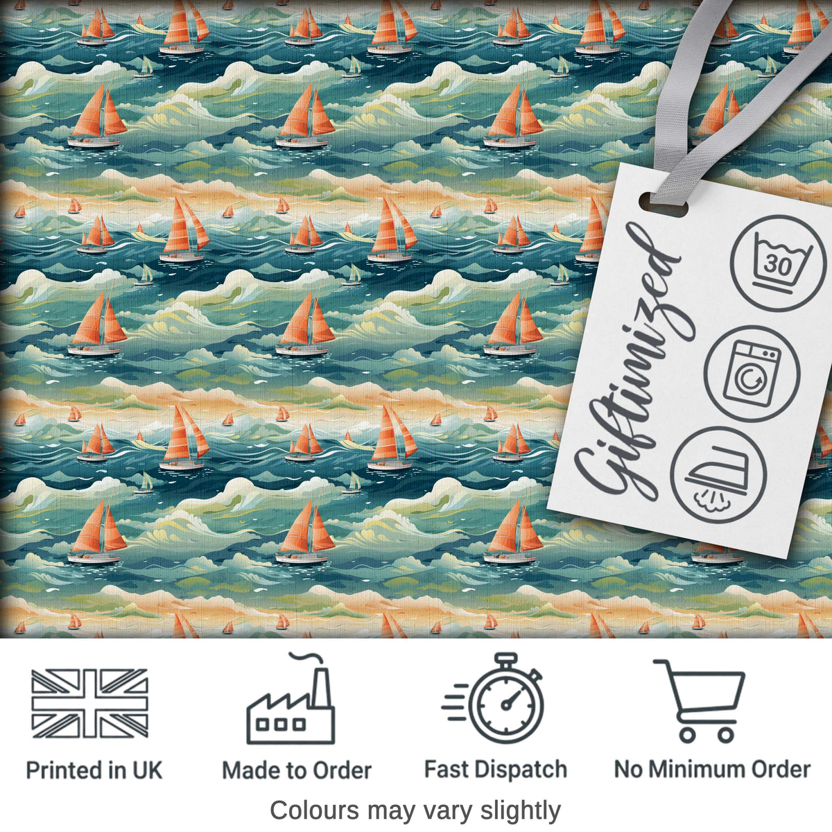 Orange Sailboats Ocean Waves Seamless Pattern Digital Print Fabric by the Metre UK Sewing Quilting Textile
