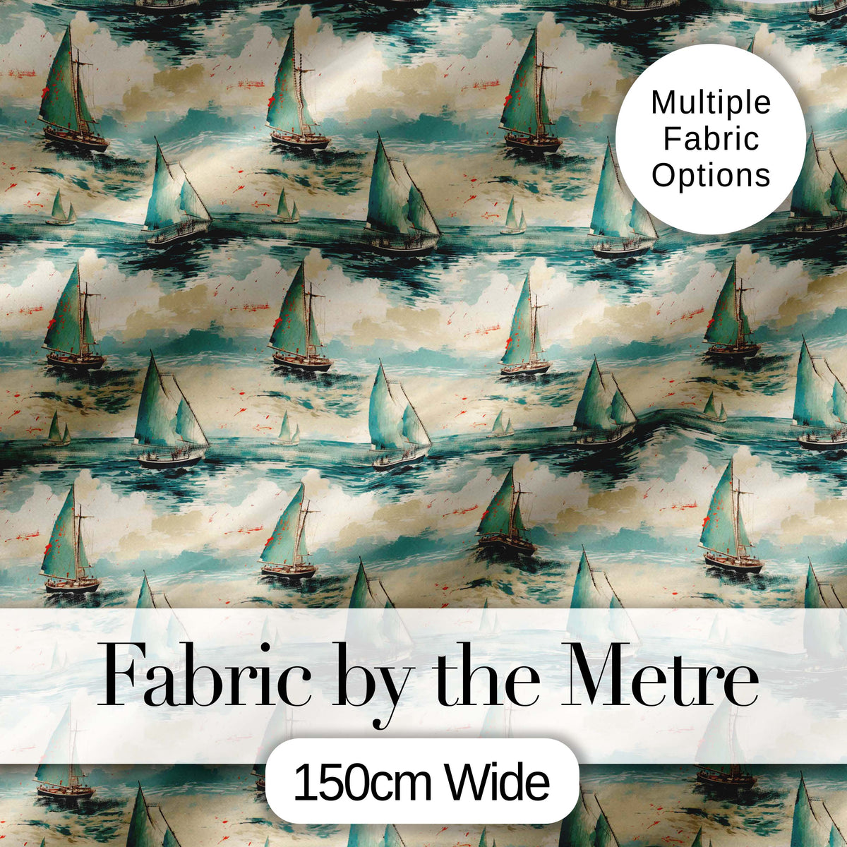 Classic Sailboats Sea Painting Style Seamless Pattern Digital Print Fabric by the Metre UK Sewing Quilting Textile