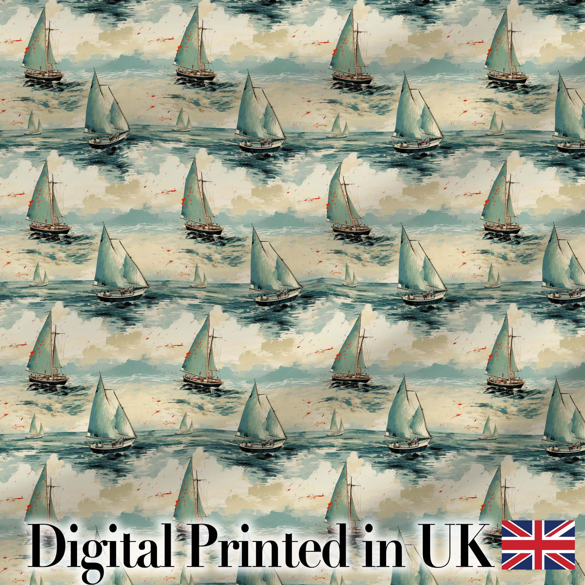 Classic Sailboats Sea Painting Style Seamless Pattern Digital Print Fabric by the Metre UK Sewing Quilting Textile