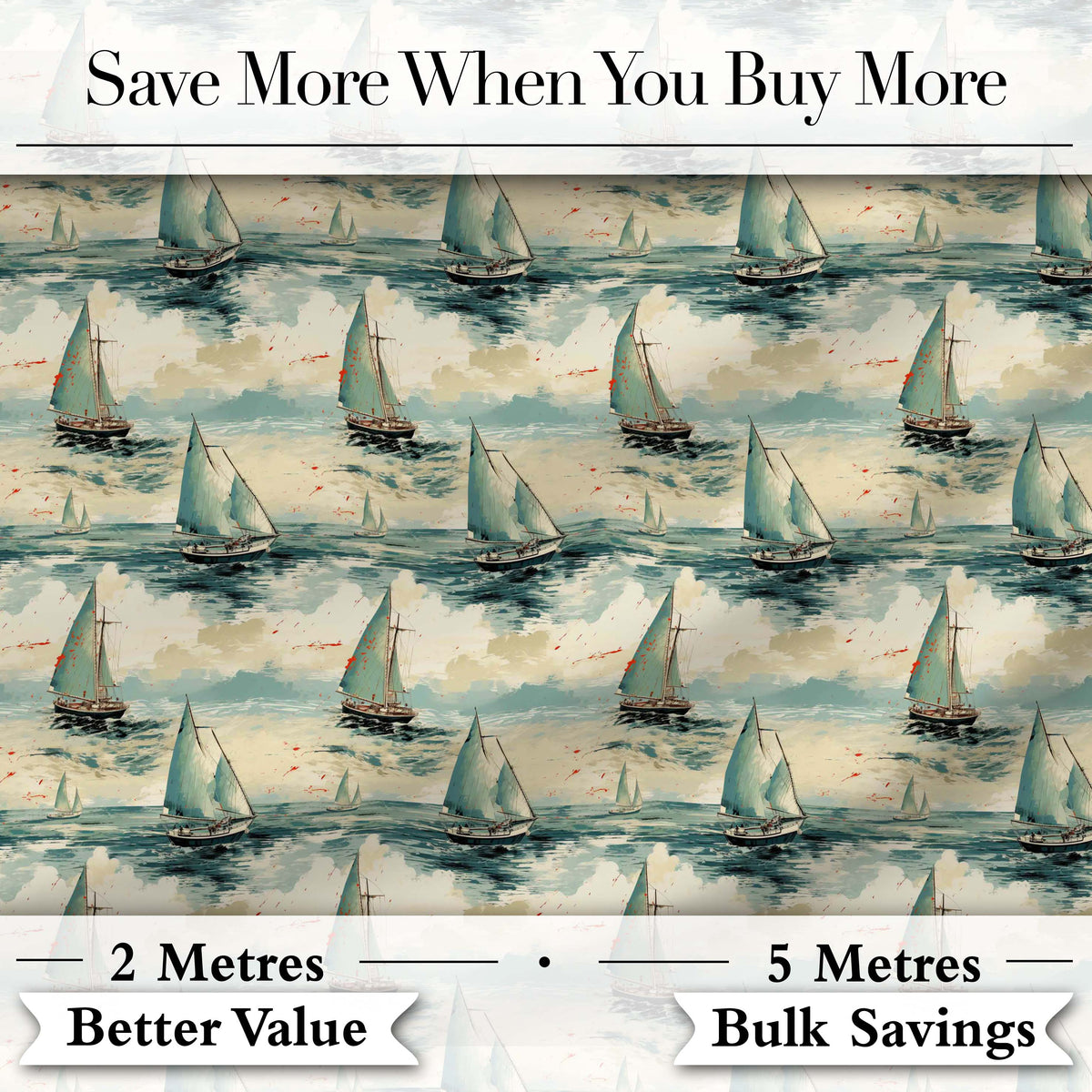 Classic Sailboats Sea Painting Style Seamless Pattern Digital Print Fabric by the Metre UK Sewing Quilting Textile