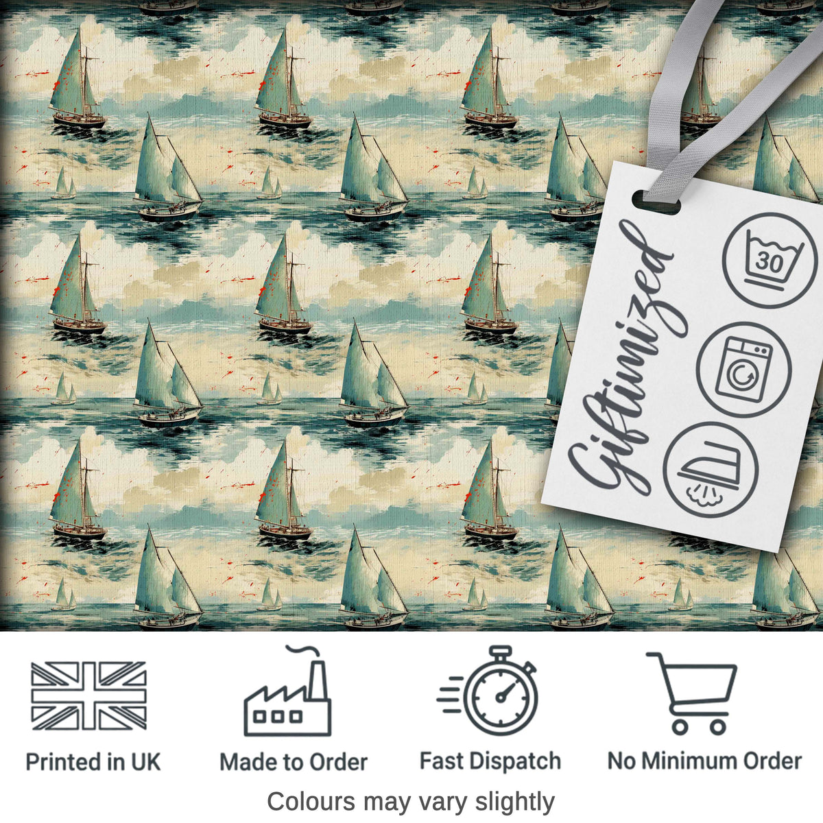 Classic Sailboats Sea Painting Style Seamless Pattern Digital Print Fabric by the Metre UK Sewing Quilting Textile