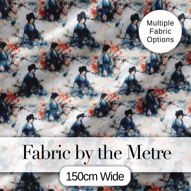 Japanese Woman Kimono Cherry Blossom Seamless Pattern Digital Print Fabric by the Metre UK Sewing Quilting Textile