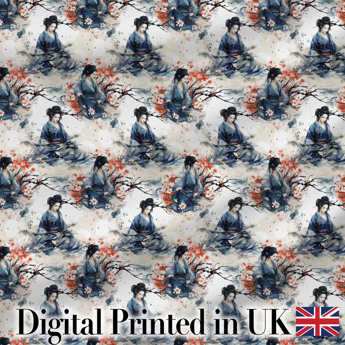 Japanese Woman Kimono Cherry Blossom Seamless Pattern Digital Print Fabric by the Metre UK Sewing Quilting Textile