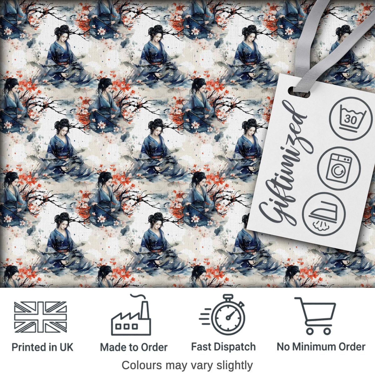 Japanese Woman Kimono Cherry Blossom Seamless Pattern Digital Print Fabric by the Metre UK Sewing Quilting Textile