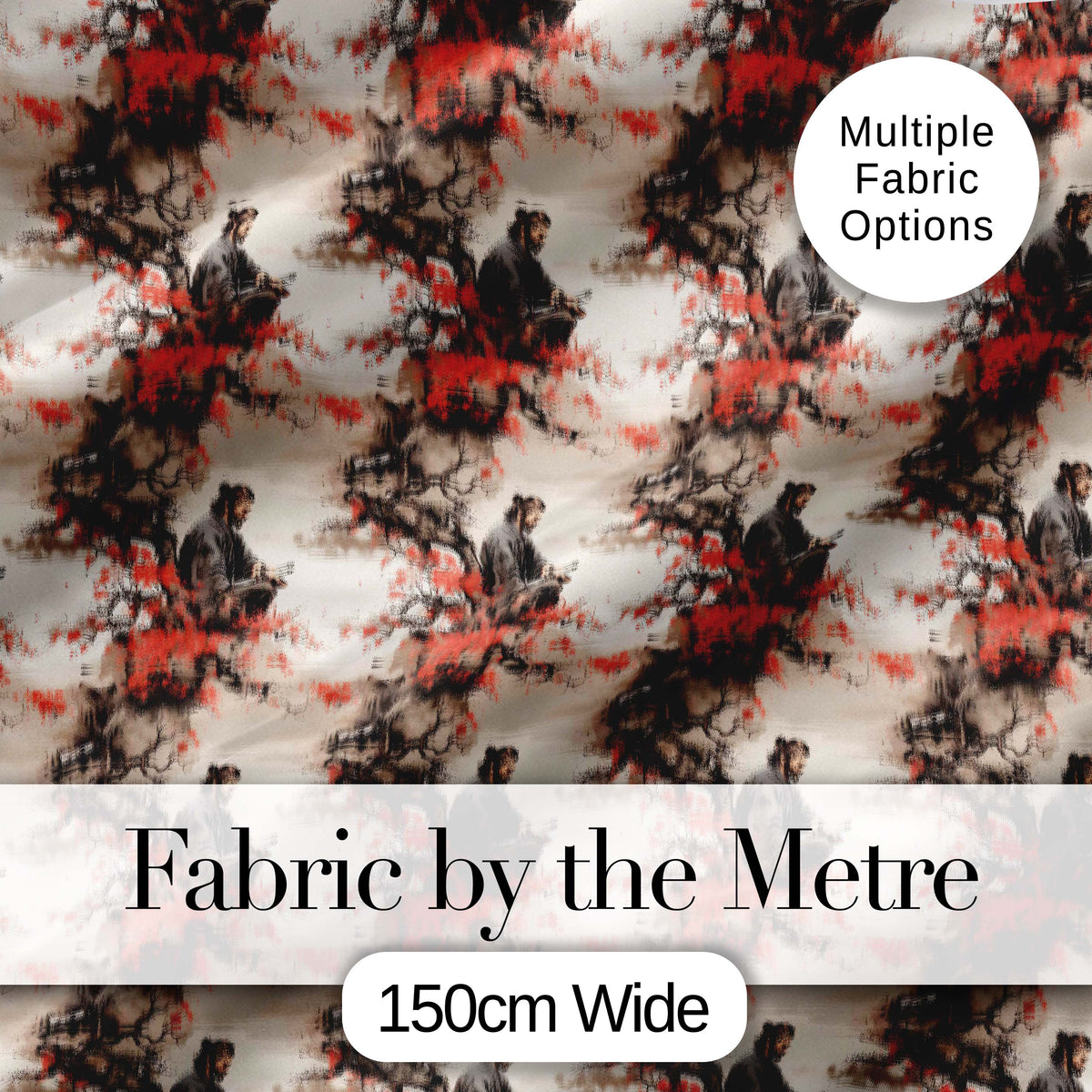 Samurai Warrior Red Blossom Tree Seamless Pattern Digital Print Fabric by the Metre UK Sewing Quilting Textile