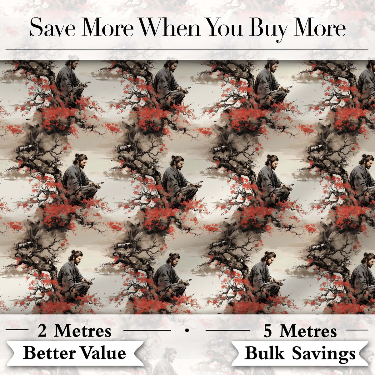 Samurai Warrior Red Blossom Tree Seamless Pattern Digital Print Fabric by the Metre UK Sewing Quilting Textile