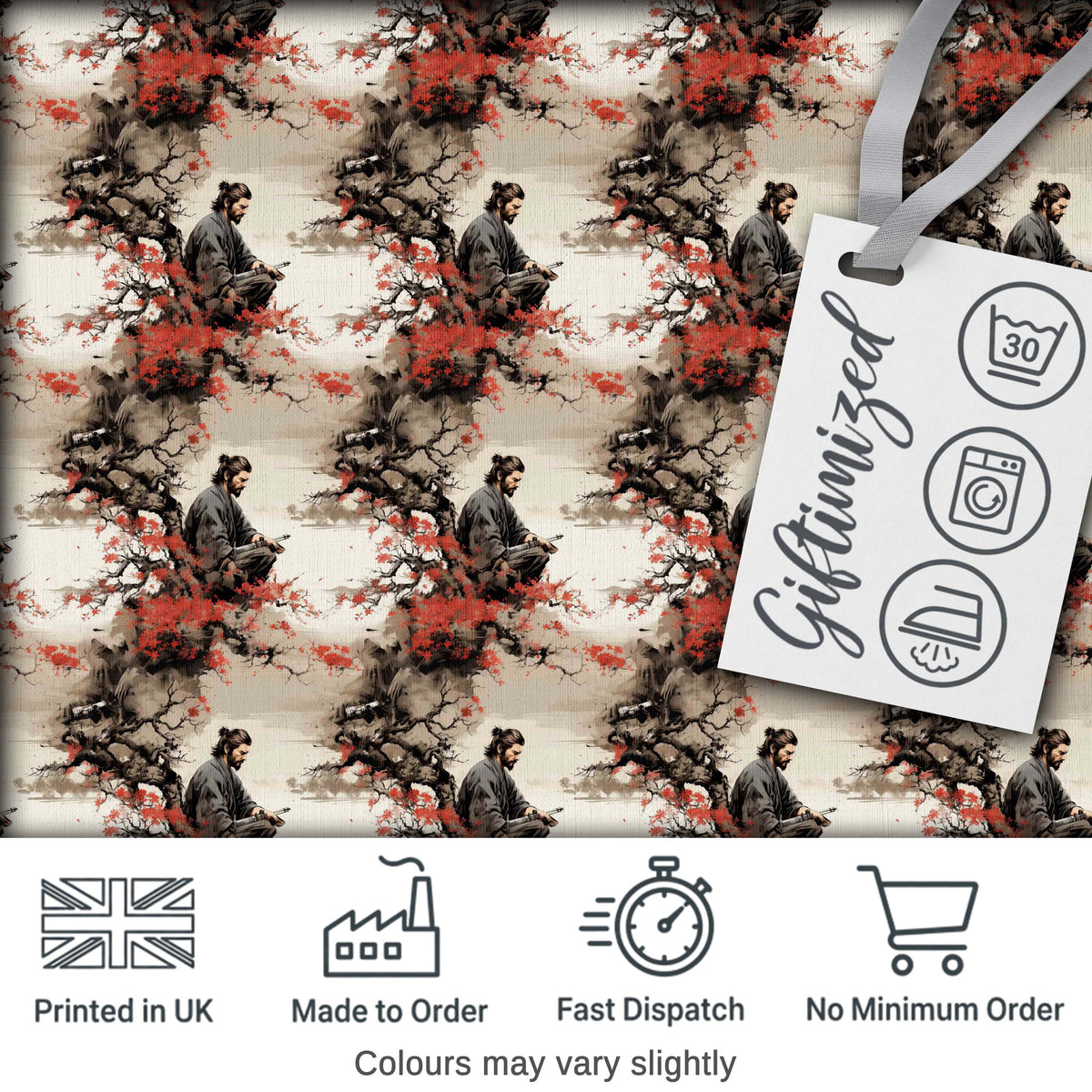 Samurai Warrior Red Blossom Tree Seamless Pattern Digital Print Fabric by the Metre UK Sewing Quilting Textile