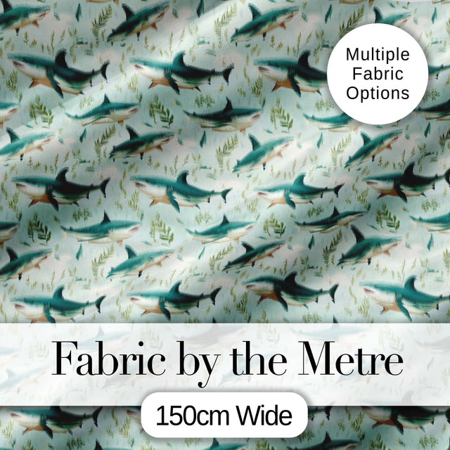 Cute Sharks Ocean Seaweed Seamless Pattern Digital Print Fabric by the Metre UK Sewing Quilting Textile
