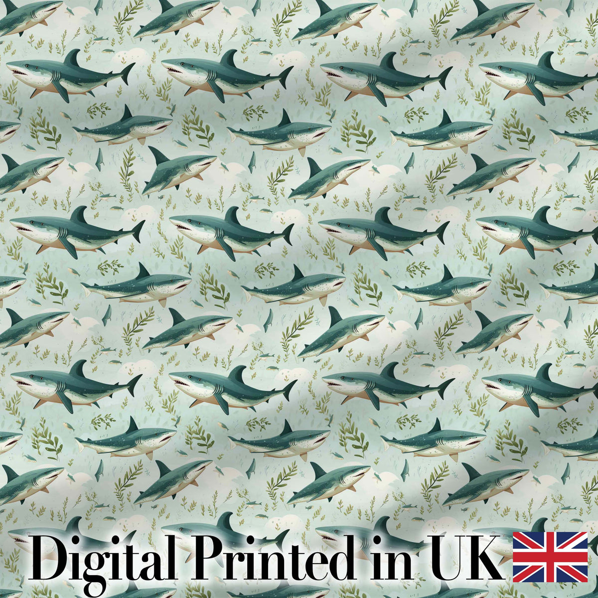 Cute Sharks Ocean Seaweed Seamless Pattern Digital Print Fabric by the Metre UK Sewing Quilting Textile