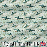 Cute Sharks Ocean Seaweed Seamless Pattern Digital Print Fabric by the Metre UK Sewing Quilting Textile