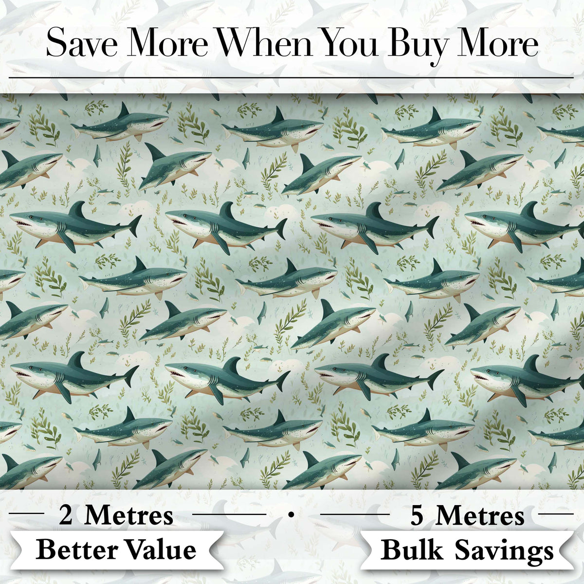 Cute Sharks Ocean Seaweed Seamless Pattern Digital Print Fabric by the Metre UK Sewing Quilting Textile