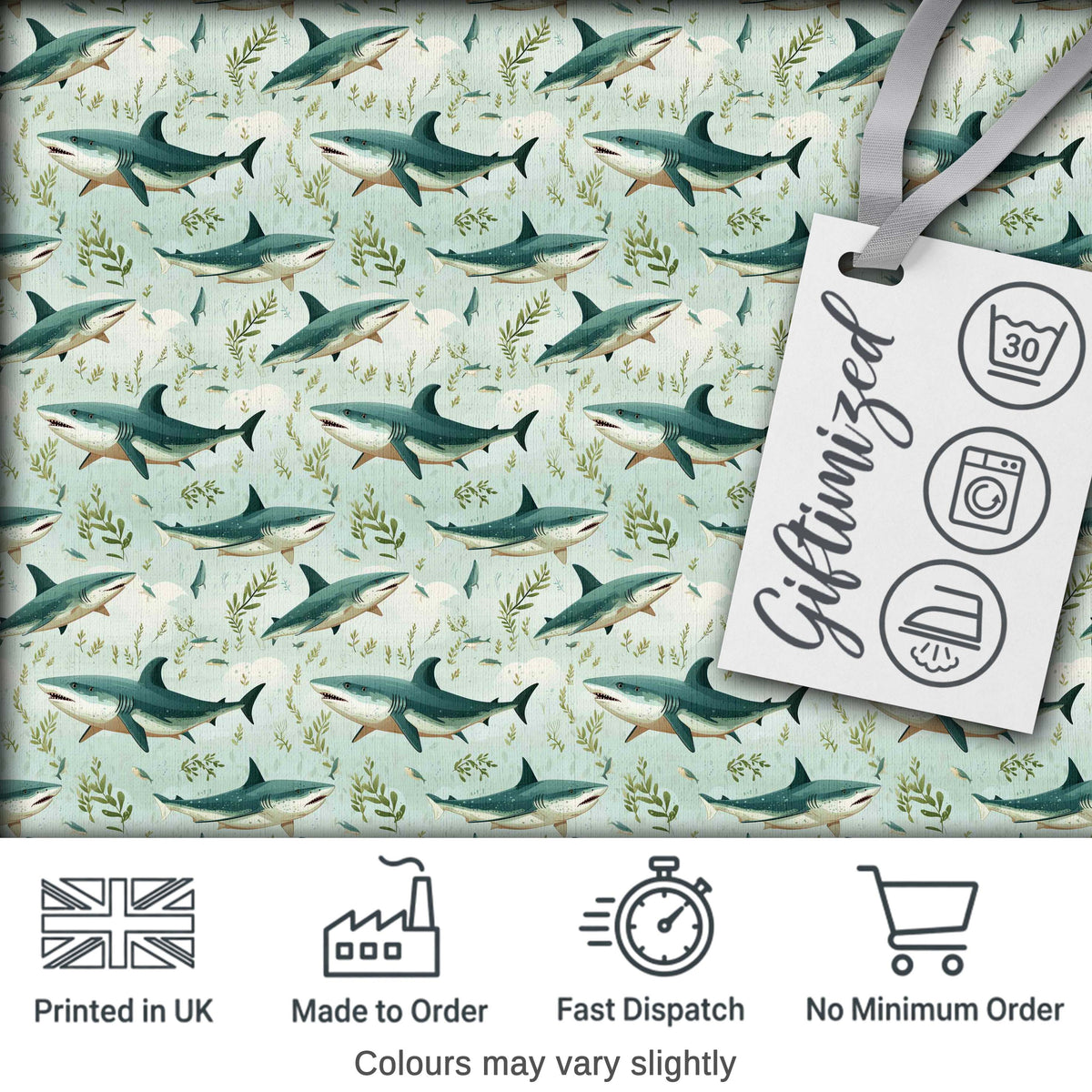 Cute Sharks Ocean Seaweed Seamless Pattern Digital Print Fabric by the Metre UK Sewing Quilting Textile