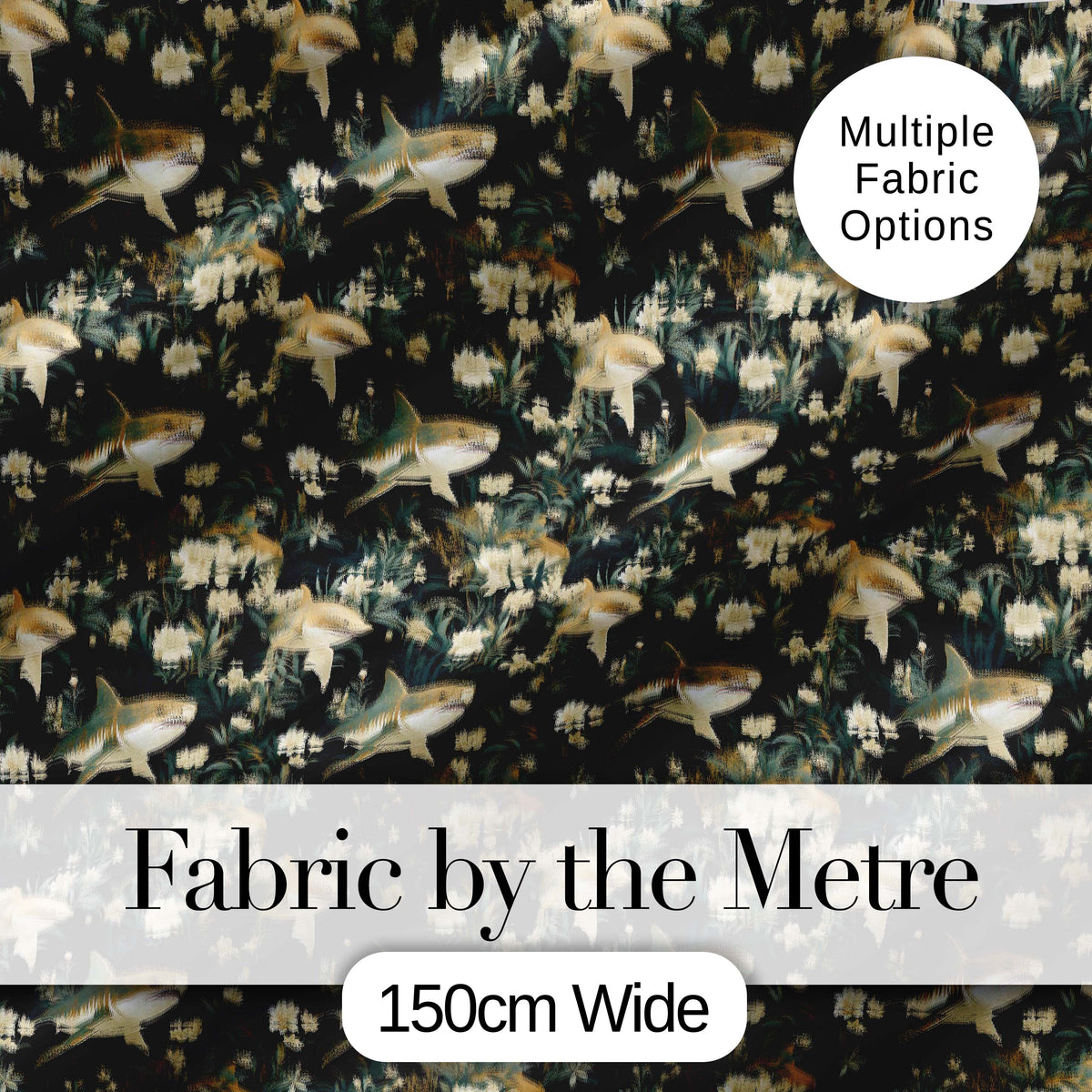 Vintage Sharks Dark Floral Seamless Pattern Digital Print Fabric by the Metre UK Sewing Quilting Textile