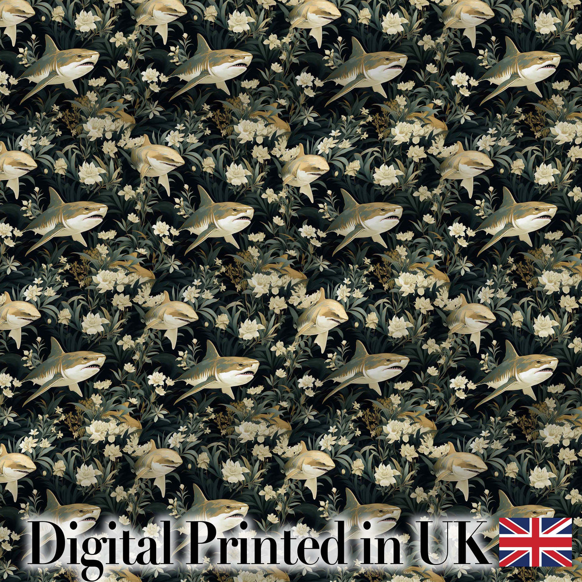 Vintage Sharks Dark Floral Seamless Pattern Digital Print Fabric by the Metre UK Sewing Quilting Textile