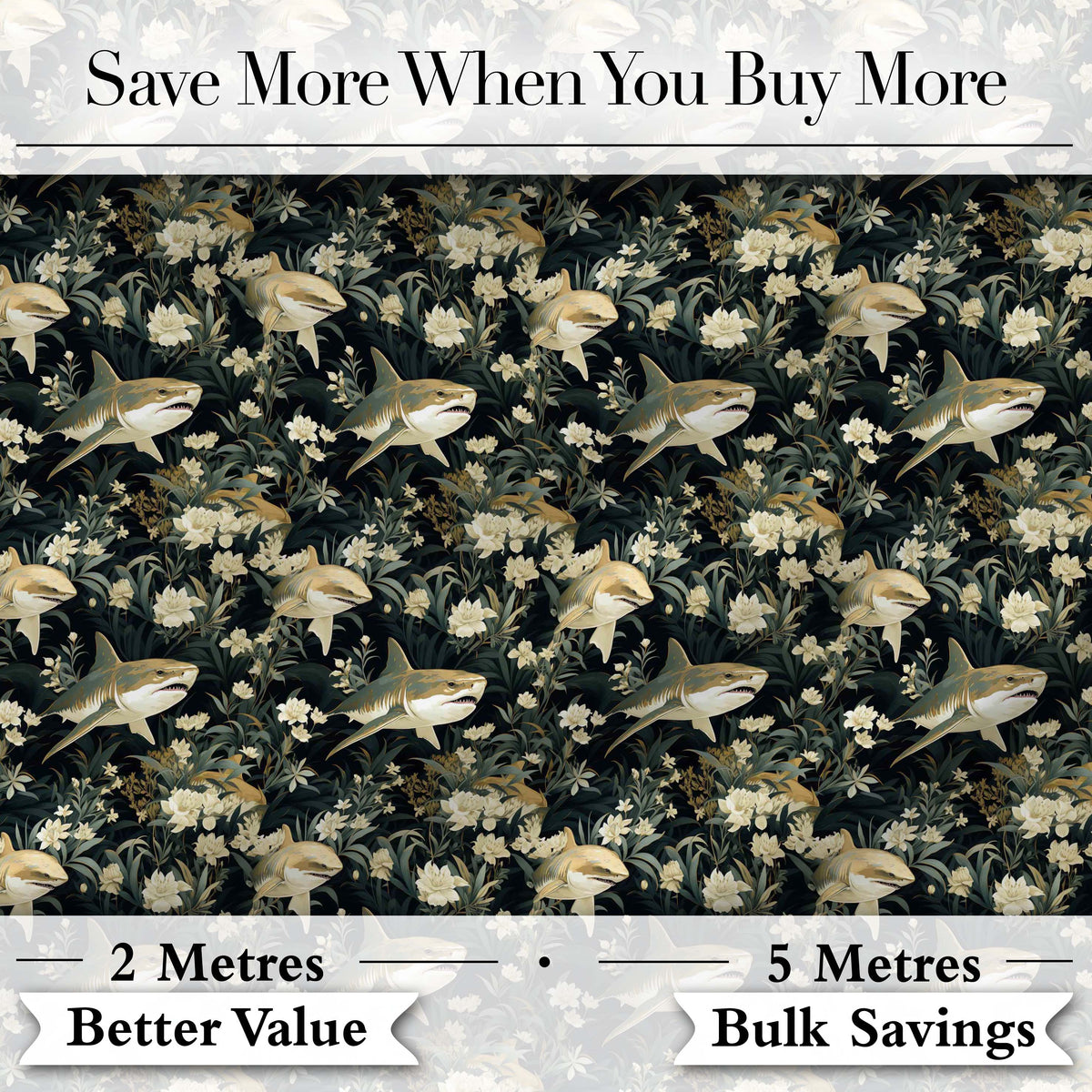 Vintage Sharks Dark Floral Seamless Pattern Digital Print Fabric by the Metre UK Sewing Quilting Textile