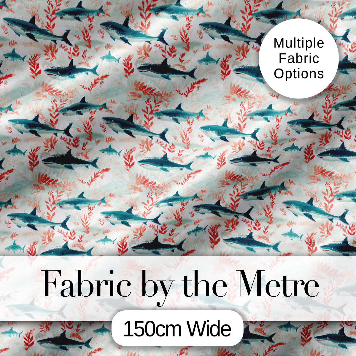 Sharks Red Seaweed Ocean Seamless Pattern Digital Print Fabric by the Metre UK Sewing Quilting Textile