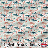 Sharks Red Seaweed Ocean Seamless Pattern Digital Print Fabric by the Metre UK Sewing Quilting Textile
