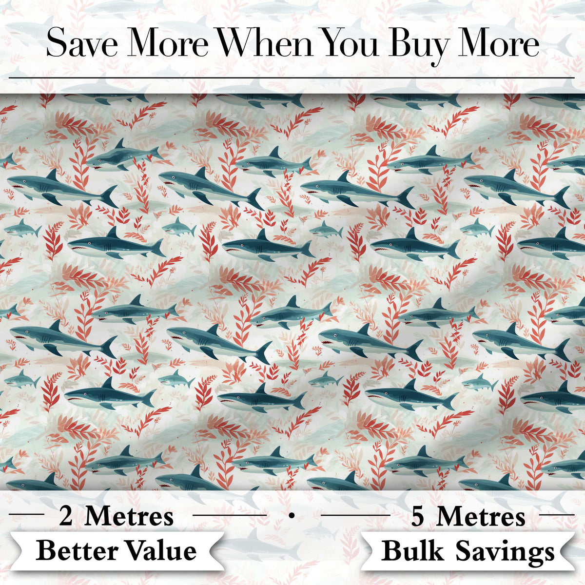 Sharks Red Seaweed Ocean Seamless Pattern Digital Print Fabric by the Metre UK Sewing Quilting Textile