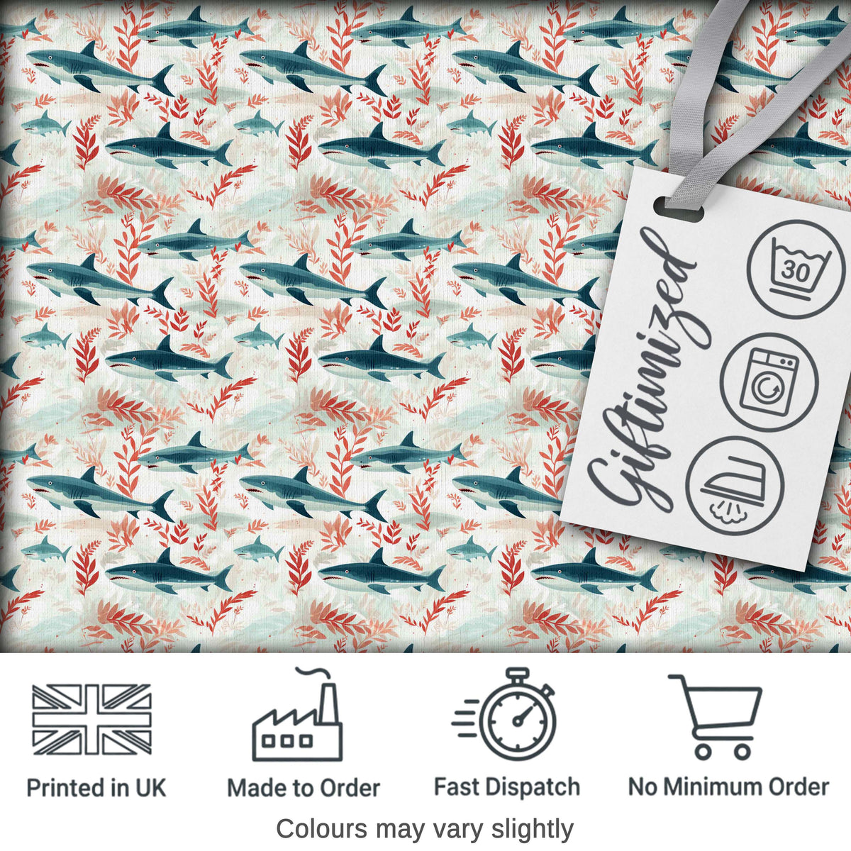 Sharks Red Seaweed Ocean Seamless Pattern Digital Print Fabric by the Metre UK Sewing Quilting Textile
