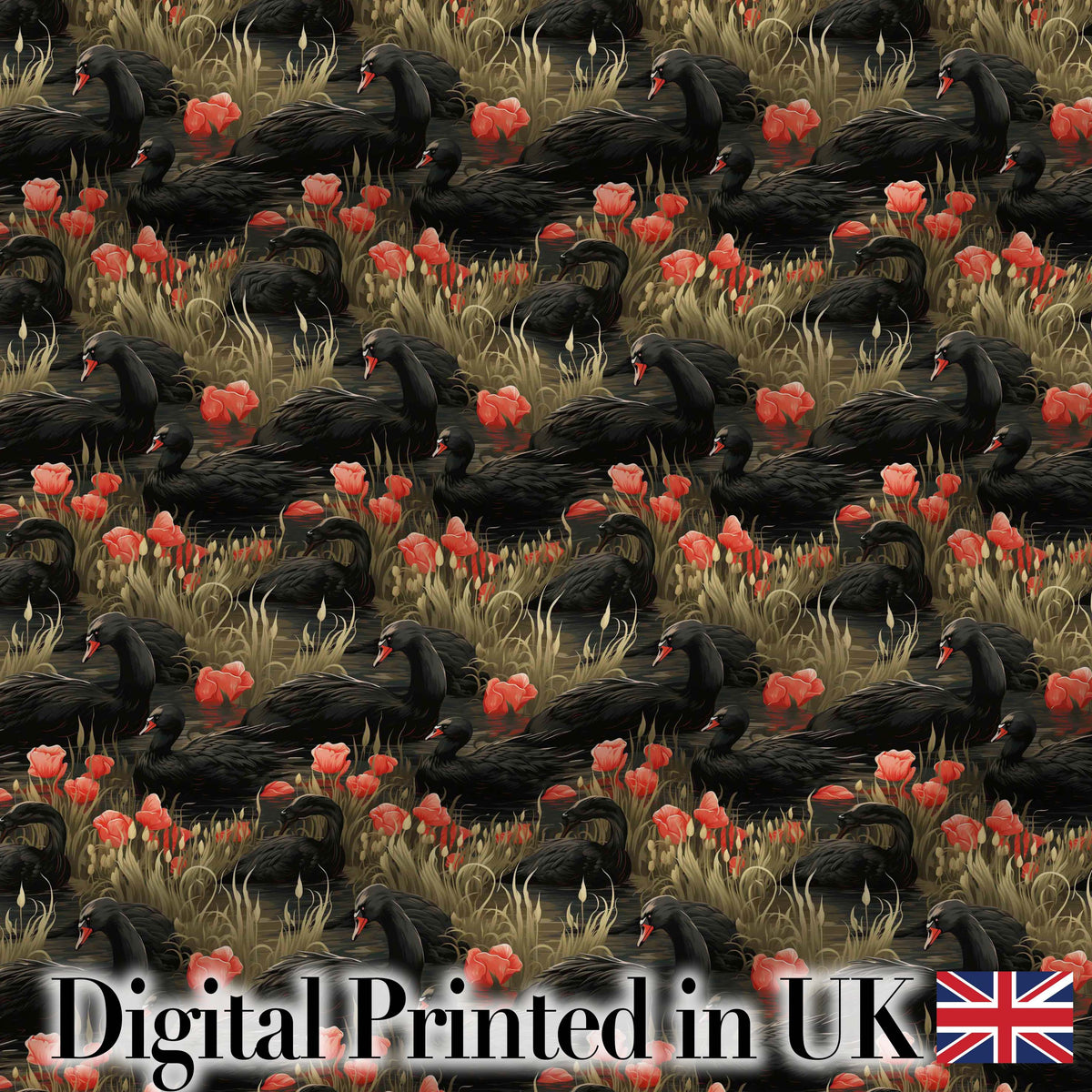 Black Swan Red Flowers Nature Seamless Pattern Digital Print Fabric by the Metre UK Sewing Quilting Textile