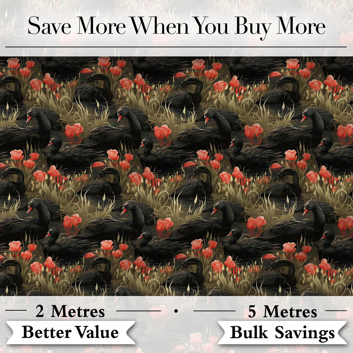 Black Swan Red Flowers Nature Seamless Pattern Digital Print Fabric by the Metre UK Sewing Quilting Textile