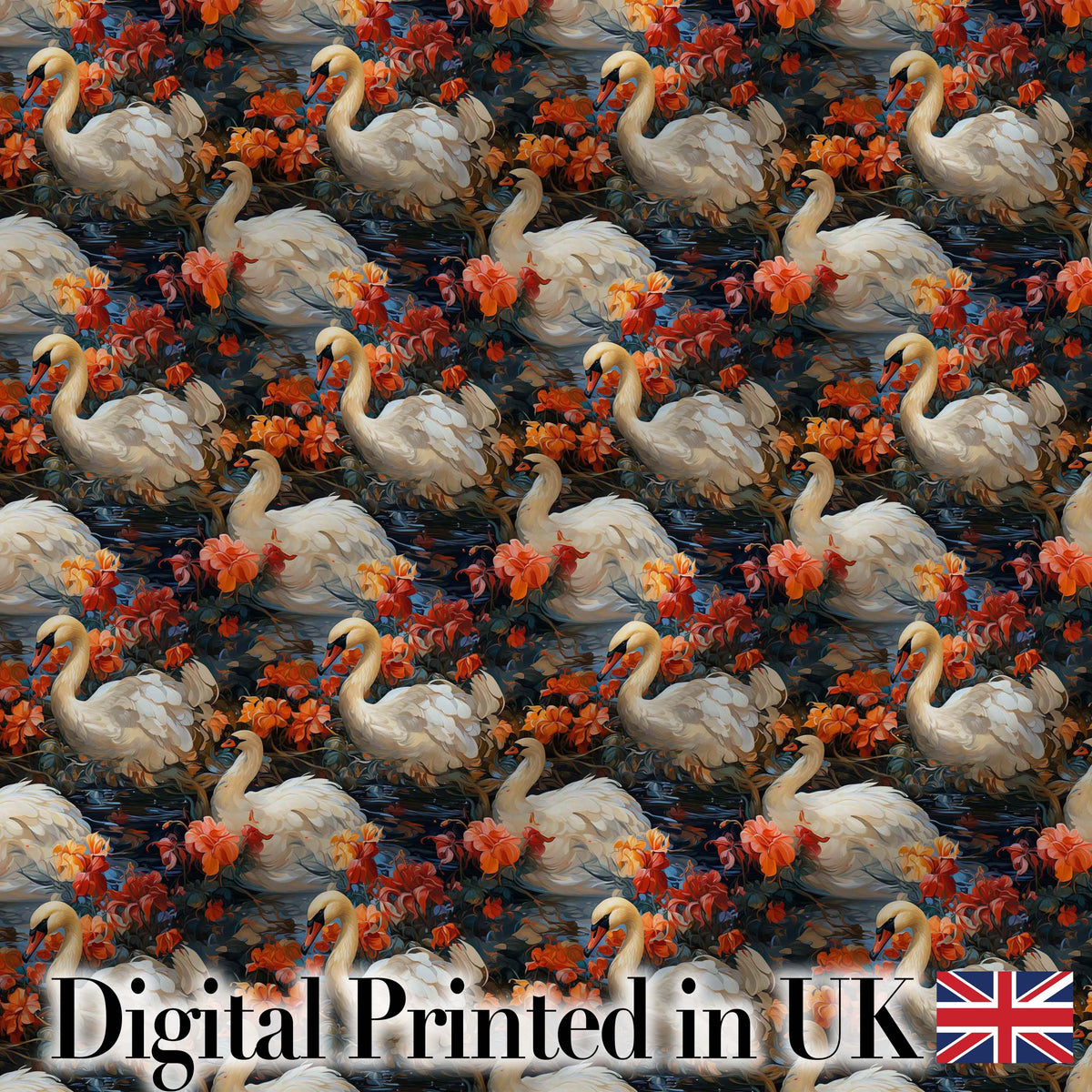 Elegant White Swan with Red Floral Garden Seamless Pattern Digital Print Fabric by the Metre UK Sewing Quilting Textile